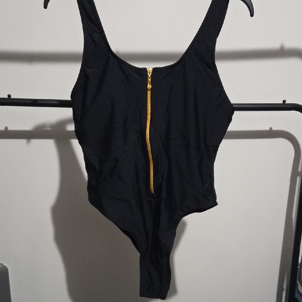 SHEIN Black One Piece Swimsuit with Gold Zipper